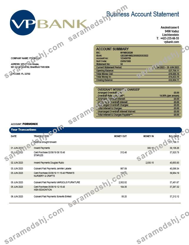 VP Bank firm account statement Word and PDF template